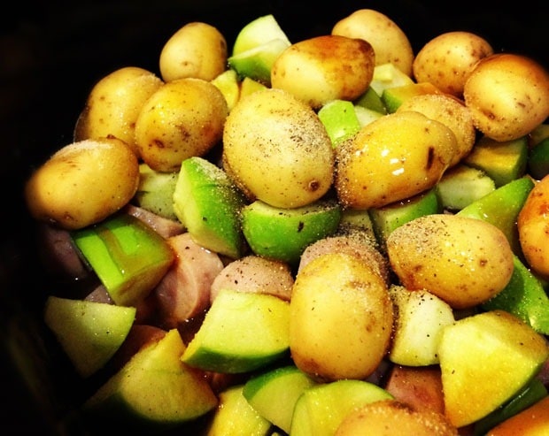 Apple, Sausage and Sauerkraut Slow Cooker Stew (before cooking) at This Mama Cooks! On a Diet - thismamacooks.com Apple, Sausage and Sauerkraut Slow Cooker Stew (before cooking) at This Mama Cooks! On a Diet - thismamacooks.com