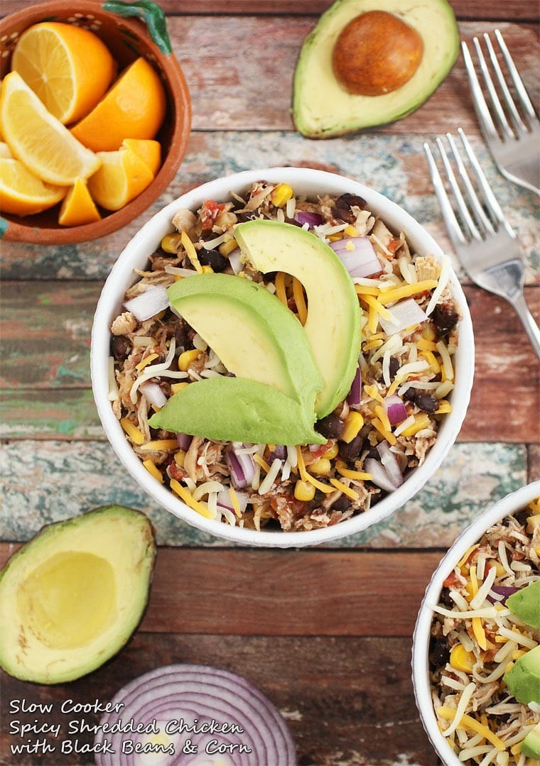 Slow Cooker Spicy Shredded Chicken with Black Beans & Corn