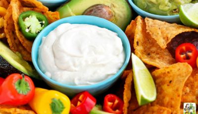 A bluen bowl of sour cream with vegetables and chips.