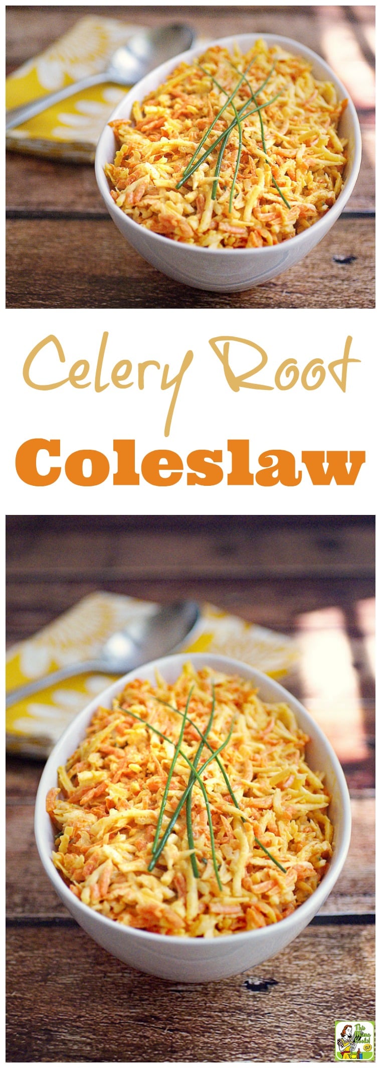 This Celery Root Coleslaw is gluten free, vegan, dairy free, and egg free. Click to get this easy to make healthy coleslaw recipe. It's a delicious, easy to make root vegetable coleslaw recipe for potlucks, BBQs and cookouts.