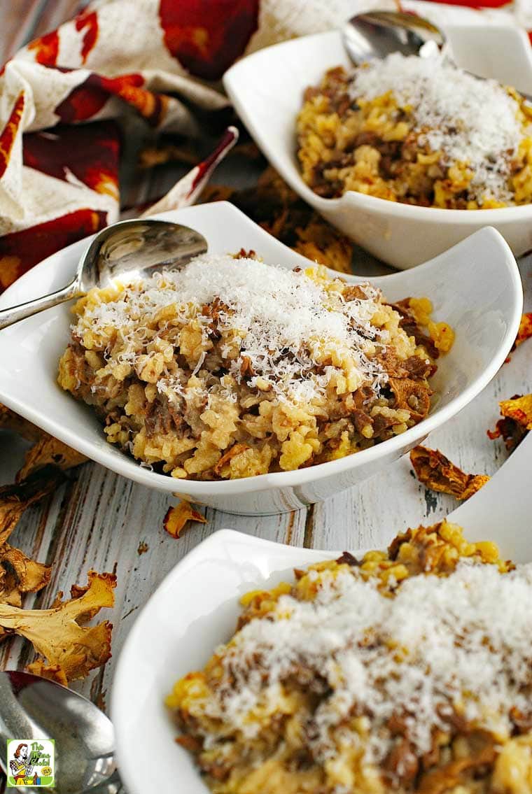 Closeup of bowls of mushroom risotto topped with cheese with spoons and colorful napkins.