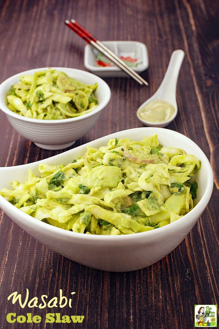 Bowls of Wasabi Coleslaw and wasabi coleslaw dressing.