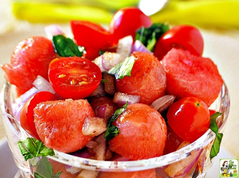 A bowl of Watermelon Tomato Basil Salad.