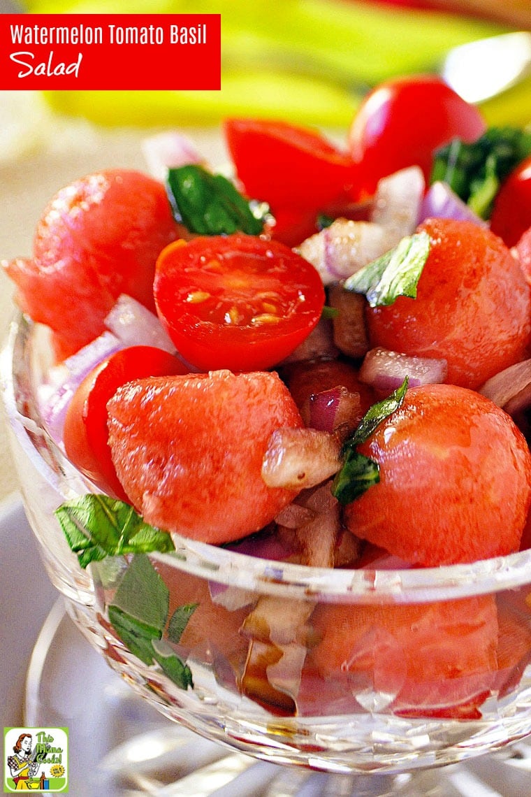 Closeup of Watermelon Tomato Basil Salad.