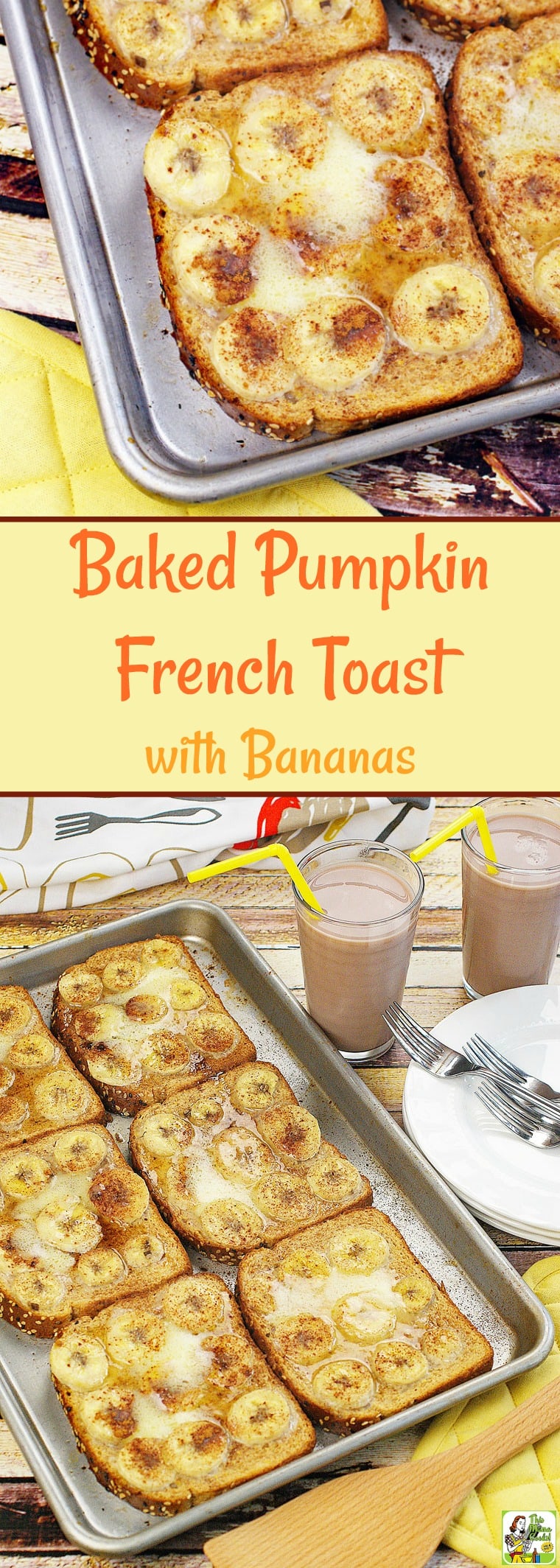 This Baked Pumpkin French Toast with Bananas is a terrific gluten free breakfast recipe. This oven baked French toast recipe is made extra special with chocolate milk. Baked French toast recipes take less time to make and are healthier than frying them in a pan. #frenchtoast #breakfast #glutenfree #pumpkin #chocolate #chocolatemilk #bakedfrenchtoast #baking #recipe #healthyrecipe #glutenfreerecipe