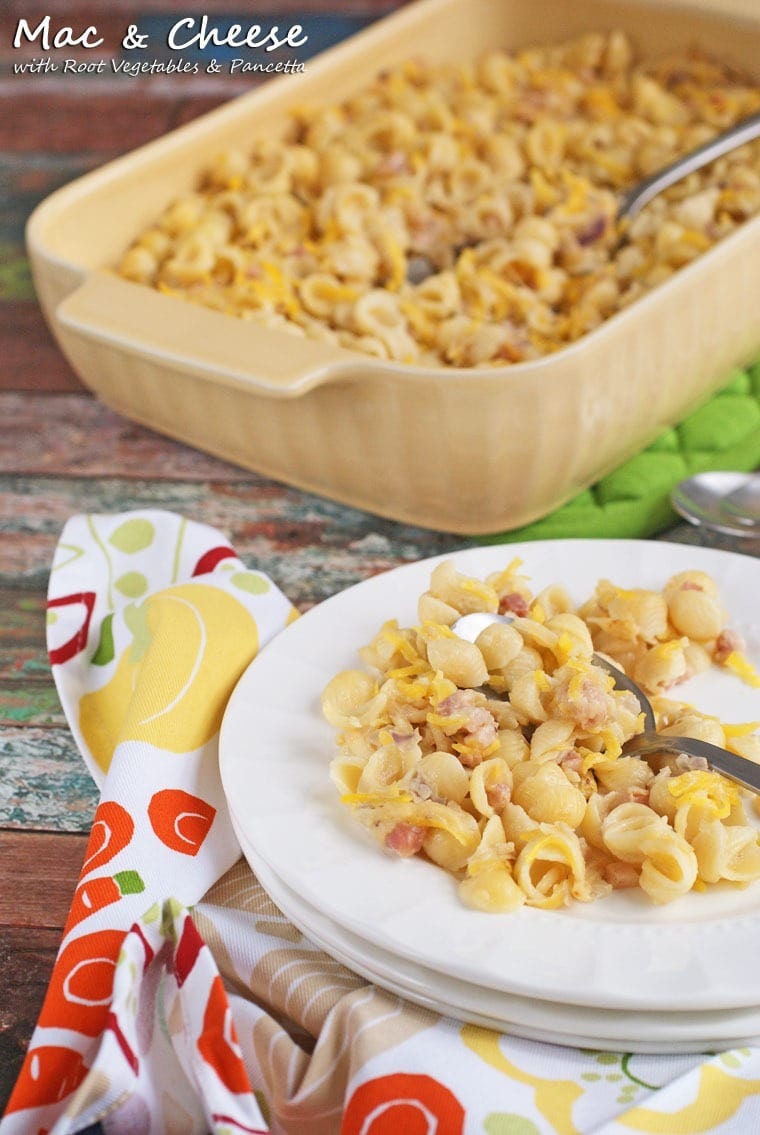 Mac & Cheese Casserole with Root Vegetables & Pancetta