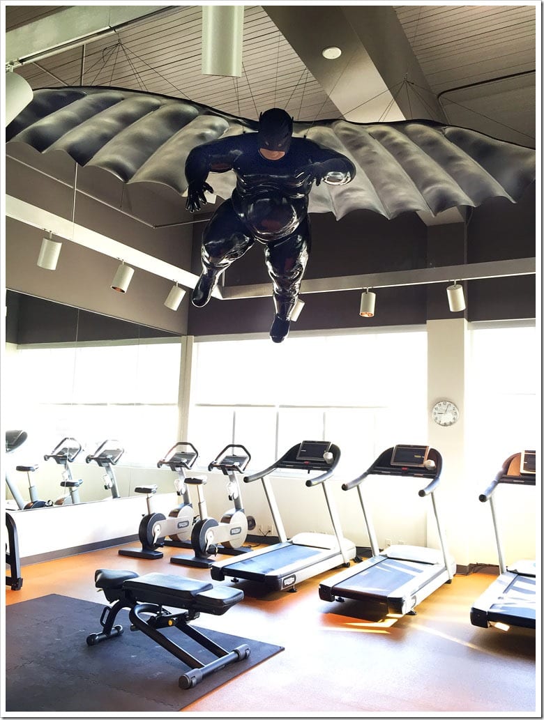 The fat Batman in the workout room at the 21c Museum Hotel in Bentonville, Arkansas. 