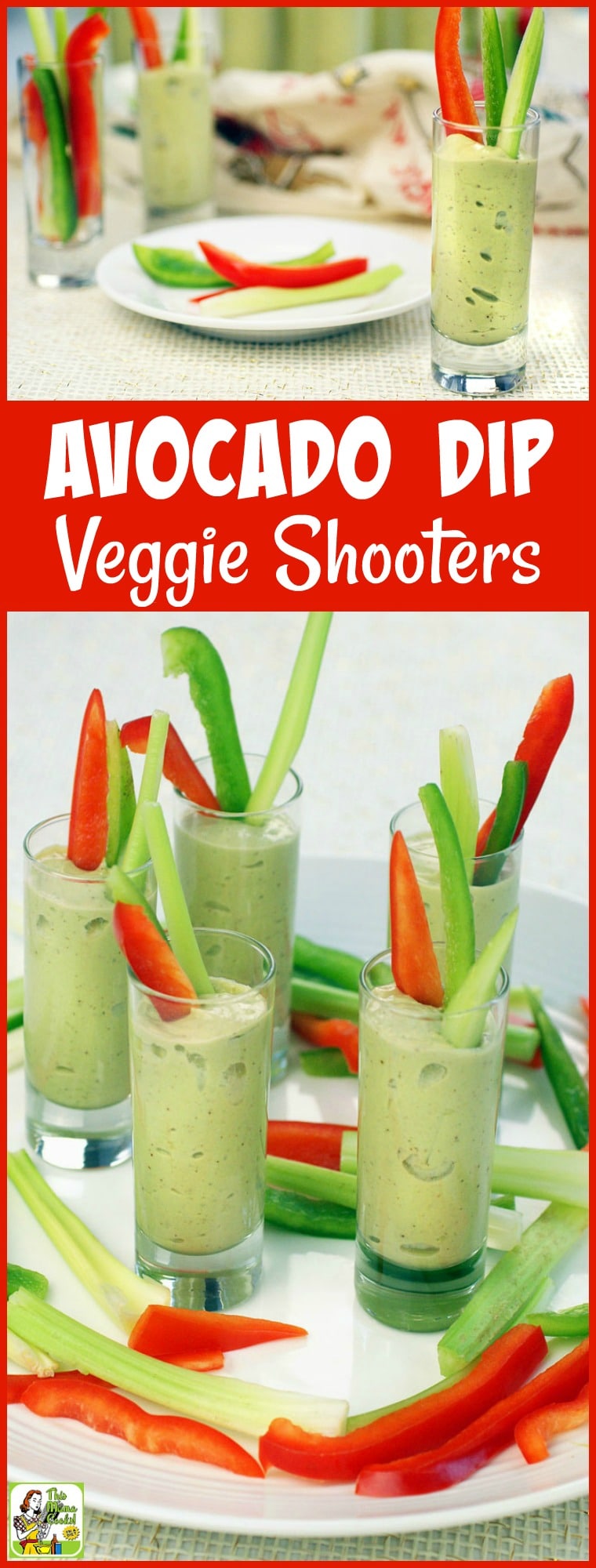 Want to make some healthy green dip recipes for St. Patrick's Day? Then make up a batch of Avocado Dip Veggie Shooters. This healthy party appetizer is made with yogurt and avocados. Served in shot glasses with vegetable crudites, it's the perfect party snack for your guests to nosh on while they mingle. #avocado #dip #appetizers #partyfood #healthy #healthyappetizers #healthyfood #healthyrecipes #avocados #vegetables #stpatricksday #green #snack