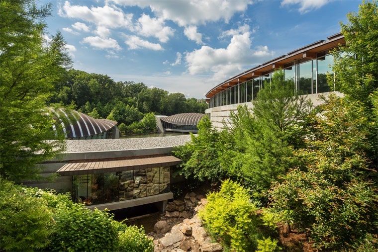 View of Crystal Bridges Museum of Art in Bentonville, Arkansas in Northwest Arkansas.