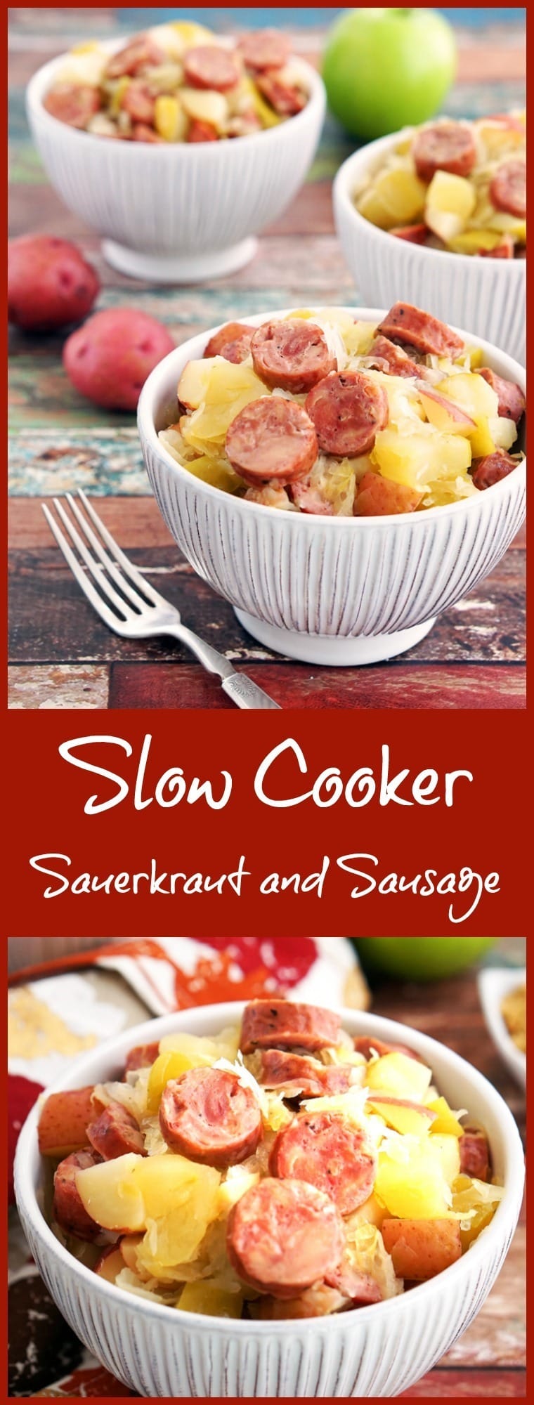 Are you looking for a gluten free Crock-Pot recipe? This Slow Cooker Sauerkraut and Sausage with Apples and Potatoes takes only 15 minutes to prepare! Makes a great party or potluck recipe, too.