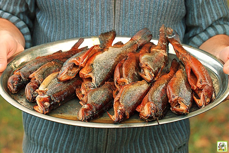 Person with rolled up sleeves holding a large silver tray of smoked rainbow trout fish.