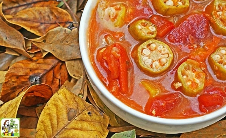 Closeup of a white bowl of Tomato & Okra Soup.
