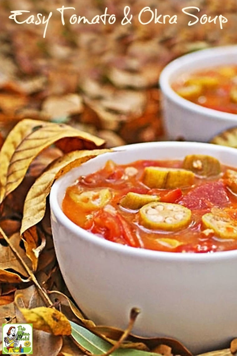 Bowls of tomato and okra soup on a bed of autumn leaves.