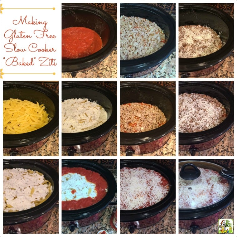 Step by step to make gluten free slow cooker baked ziti.