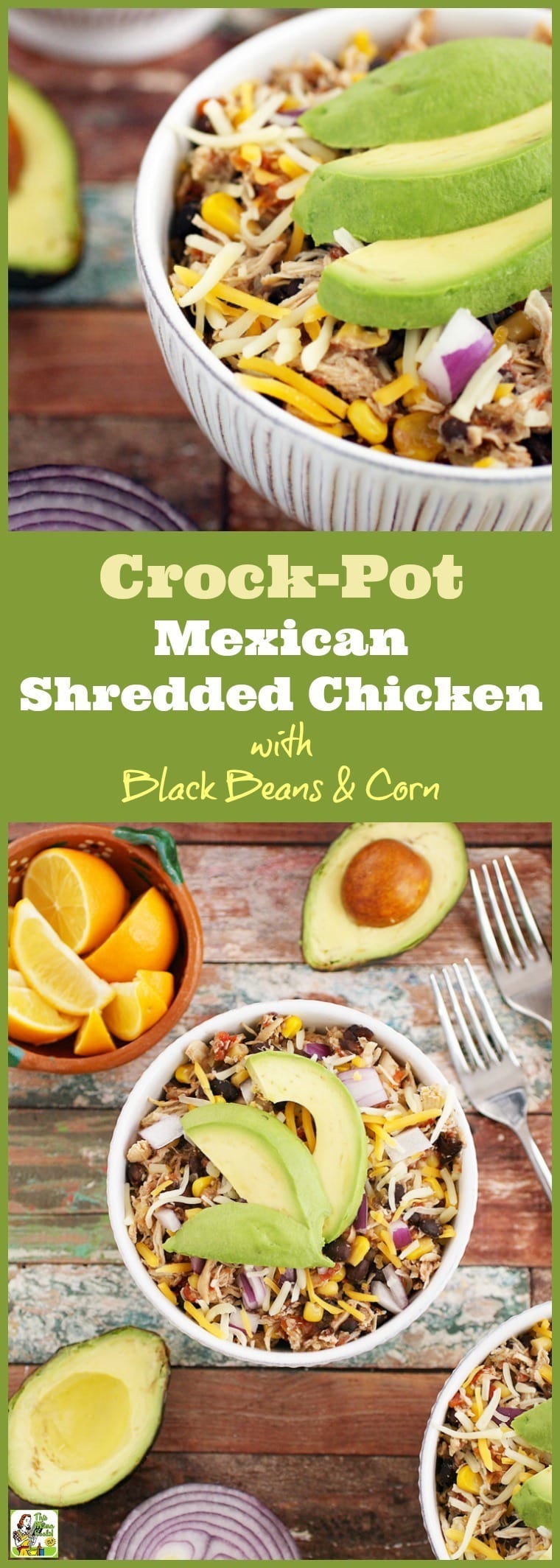 This Crock-Pot Mexican Shredded Chicken with Black Beans & Corn recipe is perfect for a busy weeknights or big game watching parties. Click to get this slow cooker shredded chicken taco recipe or shredded chicken burrito recipe. Makes great burrito bowls for your bowl watching party!