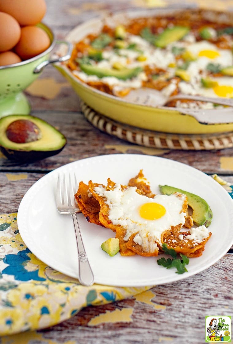 A breakfast serving of chilaquiles with an egg and avocados. Skillet of chilaquiles in the background with a serving spoon.