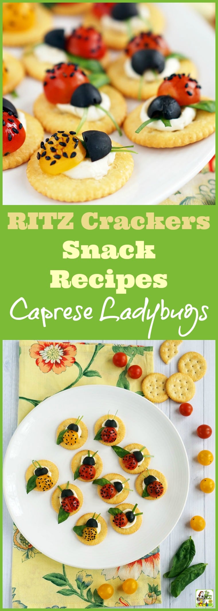 Looking for easy RITZ Crackers Snack Recipes? Click to try these Caprese Ladybugs. This easy snack recipe makes a fun afterschool snack or a cute brunch or party appetizer. Easy to make and ideal for spring or summer entertaining!
