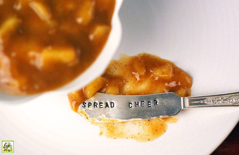 A Soread Cheer serving knife with apple filling on a white plate.