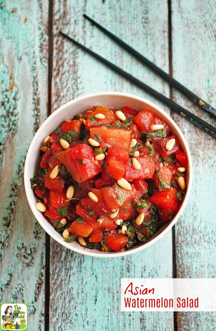 A bowl of Asian Watermelon Fruit Salad with chopsticks