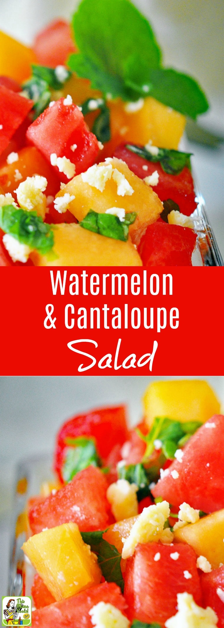 This Watermelon and Cantaloupe Salad recipe is ideal for summer entertaining. Click to get this naturally gluten free, diabetic friendly, and vegetarian fruit salad recipe. This watermelon and cantaloupe salad made with mint and feta is easy to make and perfect for BBQs and summer picnics.