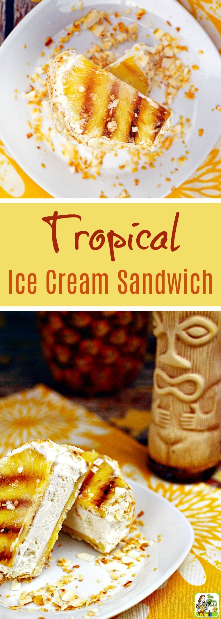 This easy ice cream sandwich recipe makes a delicious and cool summer dessert treat. It's also guilt free since it’s made with healthy pineapple, your favorite vanilla ice cream, and toasted unsweetened coconut. It's also naturally gluten free and can be made dairy free with a soy or coconut ice cream or sorbet. Click to learn how to make a Tropical Ice Cream Sandwich!