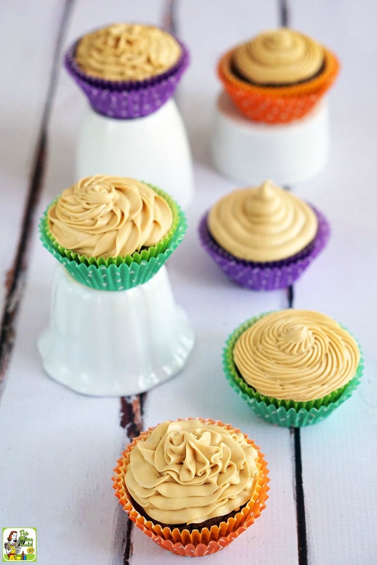 Chocolate Cupcakes with Dulce de Leche Frosting with colorful cupcake liners.