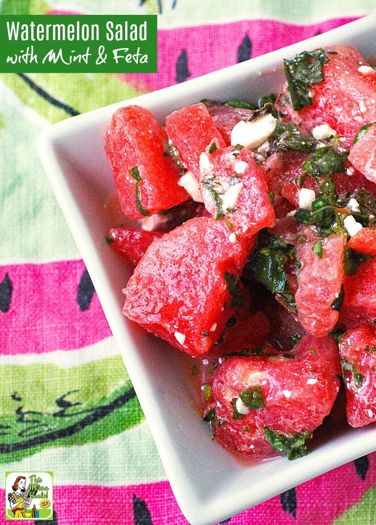 Closeup of A bowl of Watermelon Salad with Mint & Feta.