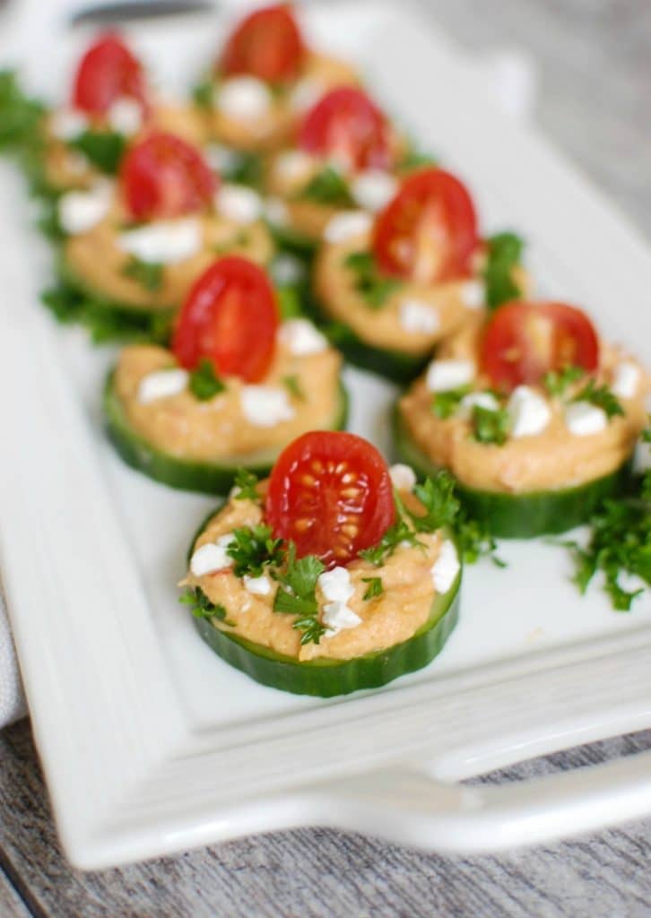 A platter of Cucumber Hummus Bites.