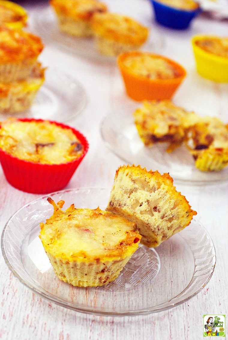 Hash Brown Sausage Muffins on glass plates.