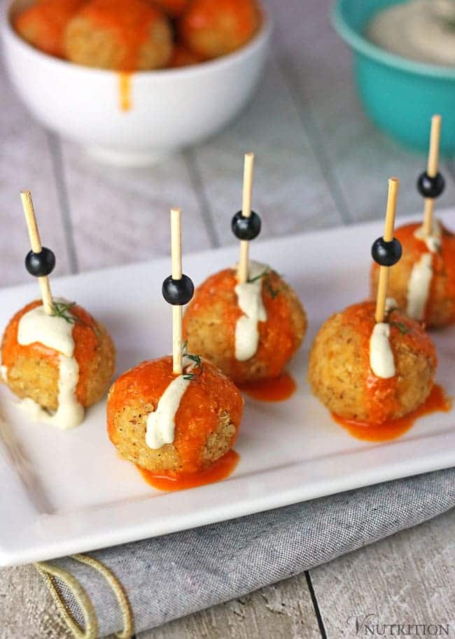 Plate of Buffalo Quinoa Balls with Ranch Dipping Sauce.