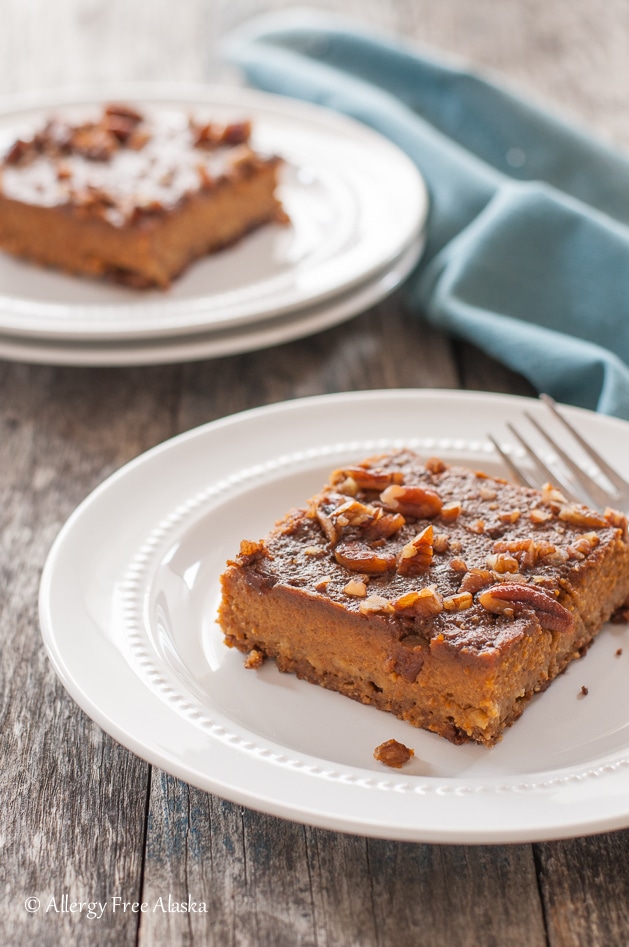 Gluten Free Dairy Free Pumpkin Pie Bars on a plate with a fork.