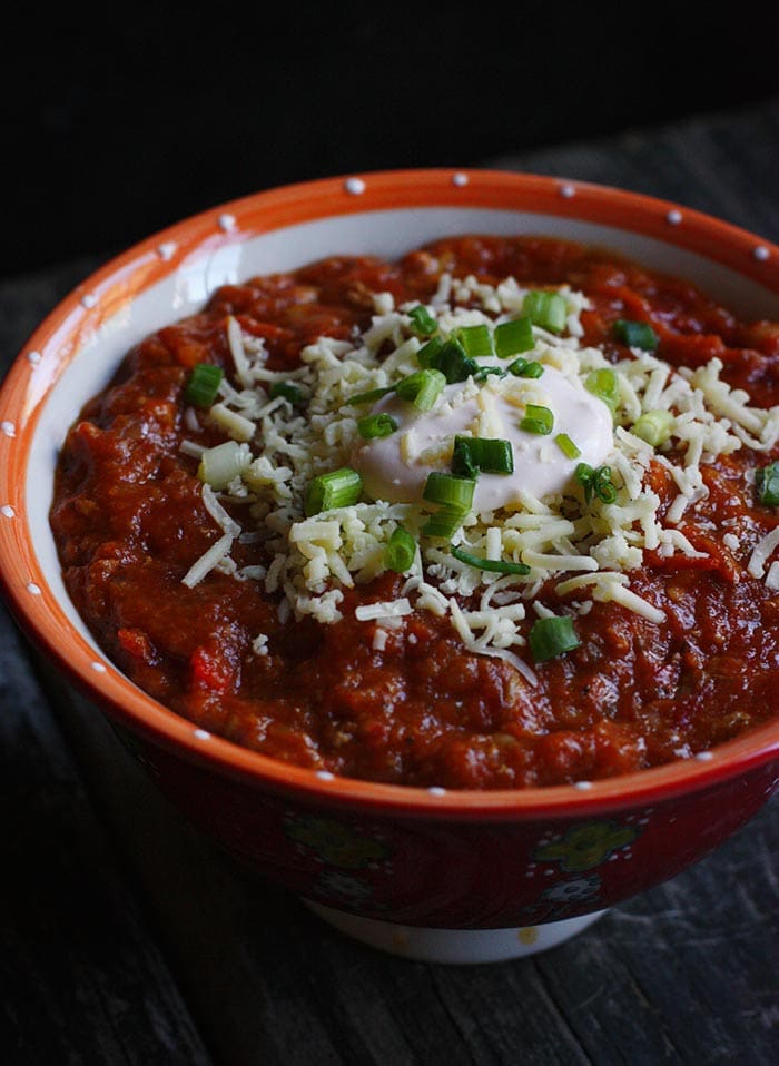 Bowl of turkey pumpkin chili.