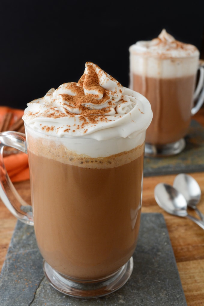 A glass of vegan pumpkin spice hot chocolate.