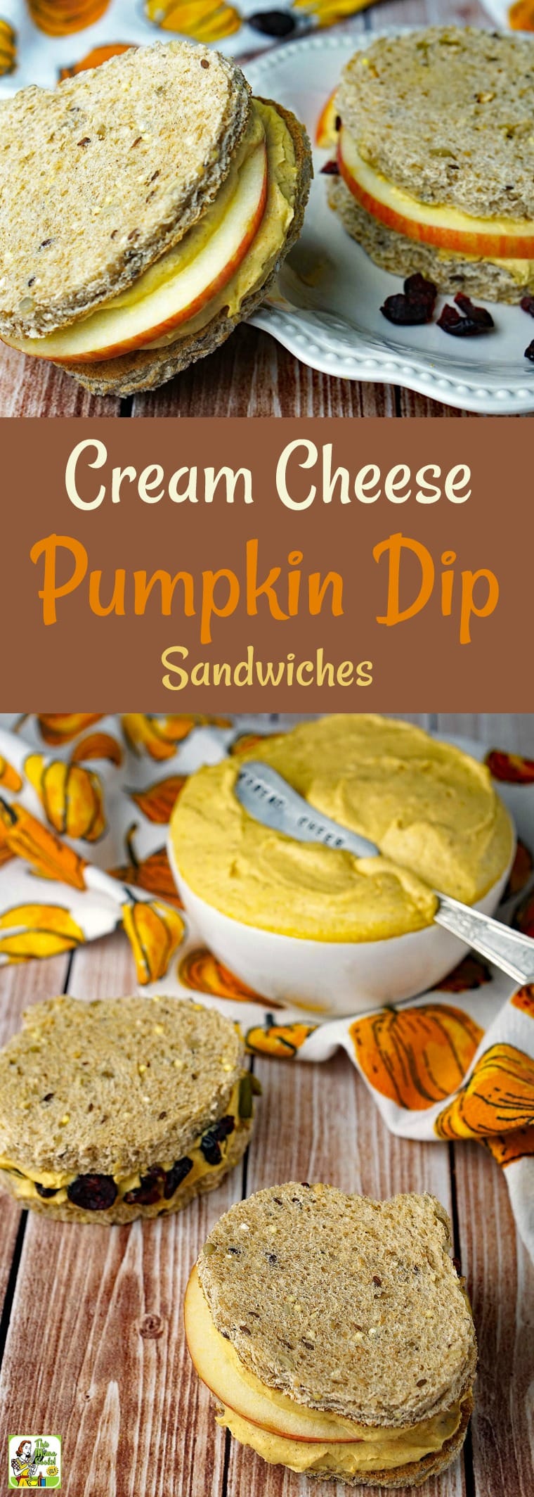 How to make Cream Cheese Pumpkin Dip Sandwiches. These Cream Cheese Pumpkin Dip Sandwiches are terrific for afterschool snacks, a healthy breakfast treat, or as Halloween or Thanksgiving party appetizers. This easy pumpkin dip recipe is healthy, low fat and naturally gluten free. #pumpkin, #easyrecipe, #thanksgiving, #halloween, #creamcheese #dip, #pumpkindip, #sandwichspread, #healthydip