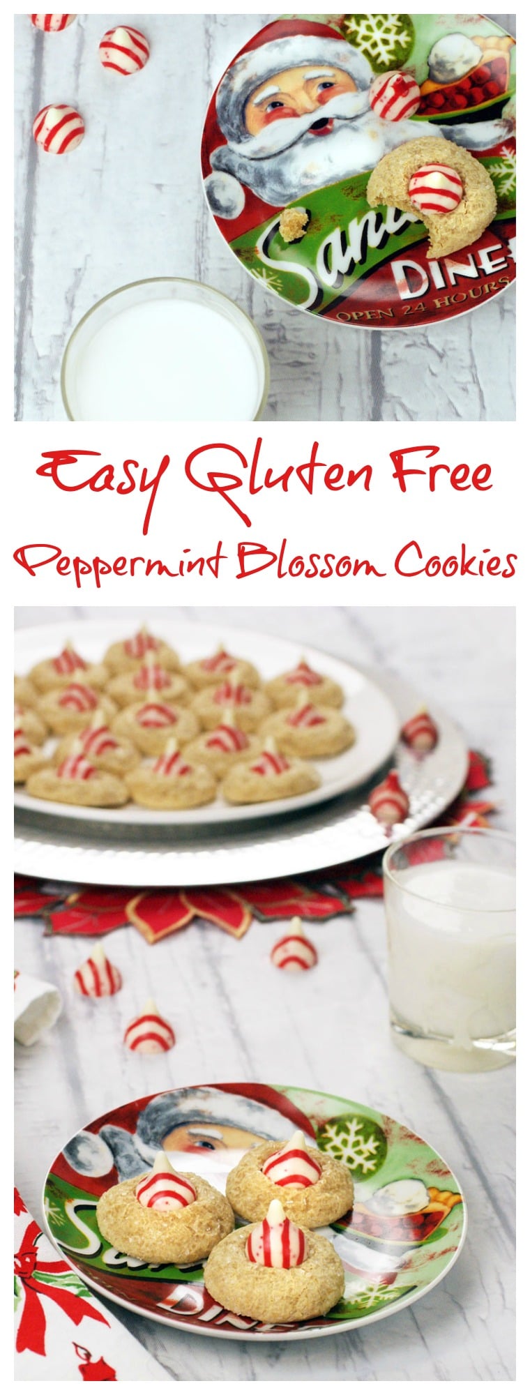 Want to bake holiday blossom cookies for your Christmas cookie swap? You'll love these Easy Gluten Free Peppermint Blossom Cookies. This Hershey blossom cookies recipe uses white chocolate Kisses. Dairy free and gluten free. Can be made under 1 hour. #glutenfree #dairyfree #cookies #kisses #herseyskisses #cookie #christmas #homemadegifts #cookieexchange #cookieswap #peppermint #blossomcookies