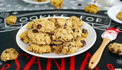 A white plate of gluten free oatmeal cookies with chocolate chips and dried cranberries