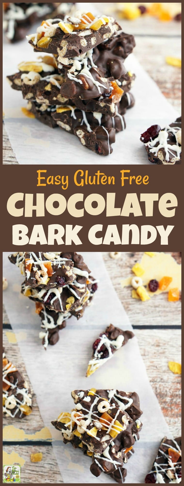 This Easy Gluten Free Chocolate Bark Candy makes an awesome snack. This easy to make bark candy recipe is made Frosty Cheerios, dried fruit and candy melts. Great for homemade candy DIY gifts and Christmas holiday cookie exchanges. #glutenfree #chocolate #candy #homemadegifts #DIY #gifts #Christmas #cookies #cookieexchange #cookieswap #chocolatebark #candybark #barkcandy #cheerios #candymelts #recipe #easy #recipeoftheday #easyrecipes #snacks