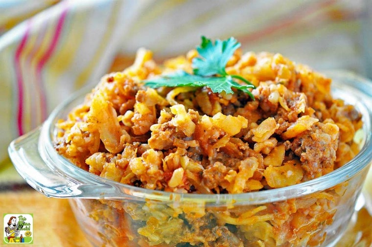 A glass dish of Cabbage Roll Casserole.