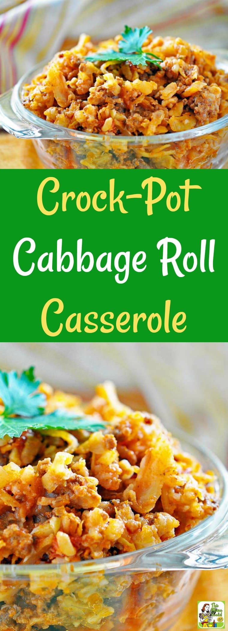 This Cabbage Roll Casserole is a fix it and forget it recipe that's made in your crock-pot. Crock Pot Stuffed Cabbage is easy to make because it uses convenient yet healthy items from the store like coleslaw mix and ground sirloin. #crockpot #slowcooker #stuffedcabbage #casserole #groundbeef #recipe #easy #recipeoftheday #healthyrecipes #easyrecipes #glutenfree