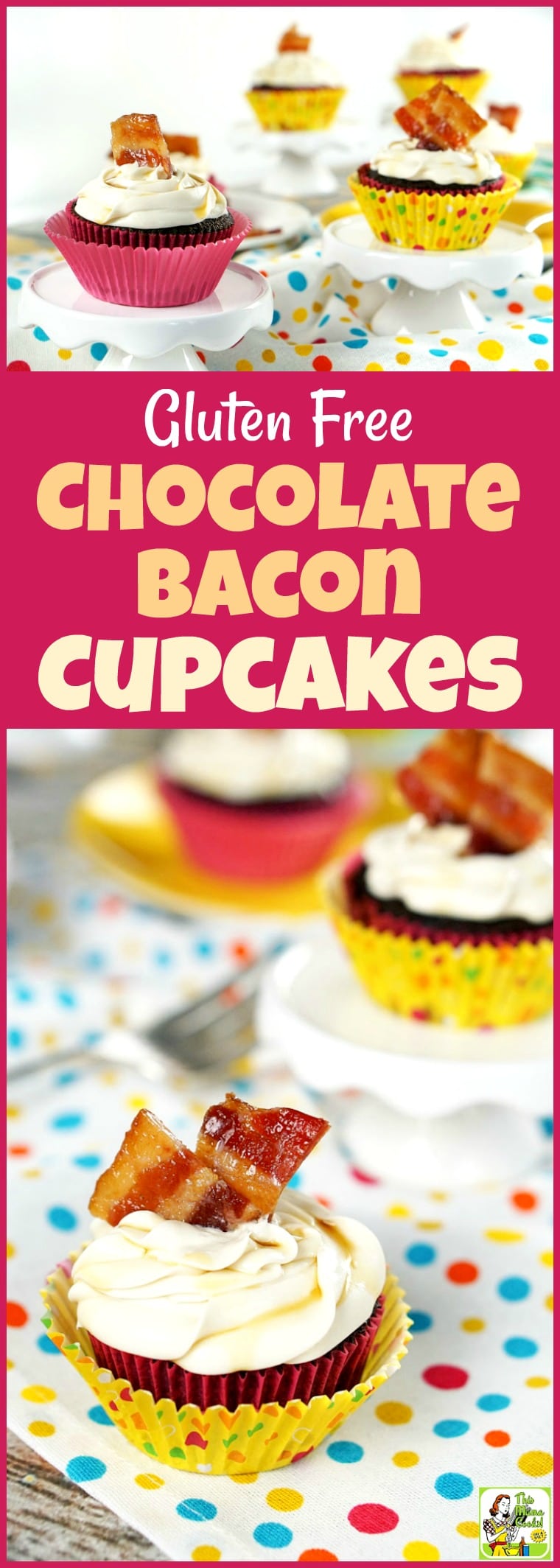 Love maple bacon? Then you'll want to make this Gluten Free Chocolate Bacon Cupcakes recipe! These bacon cupcakes are super easy to make since you'll be using store bought gluten free cake mix and frosting. #recipe #easy #recipeoftheday #healthyrecipes #glutenfree #easyrecipes#snack #snacks #dessert #dessertrecipes #baking #cupcakes #bacon #maple #chocolate #whiskey