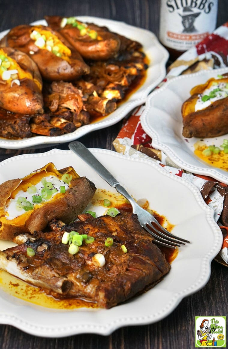 Plates and platters of Crock-Pot Ribs and sweet potatoes