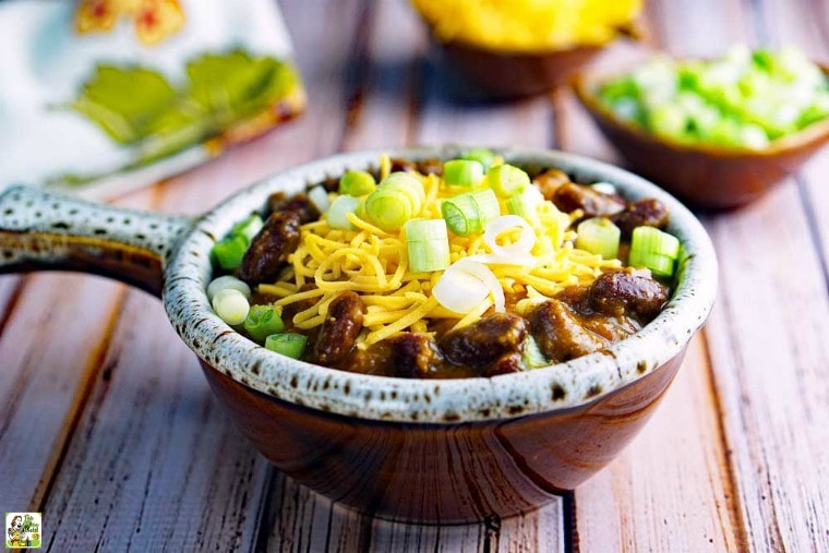 Instant Pot Chili with Pumpkin in a lug handled bowl.