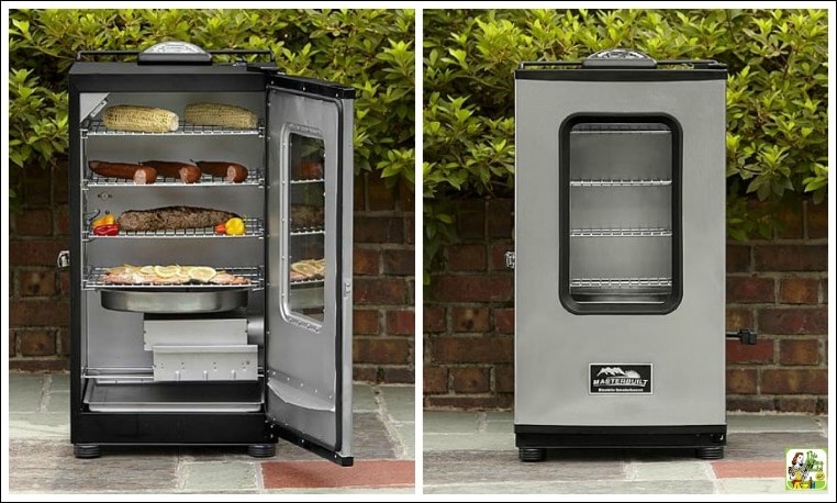 Two views of a Masterbuilt Electric Smoker, one smoking food with door open and one empty with door shut.