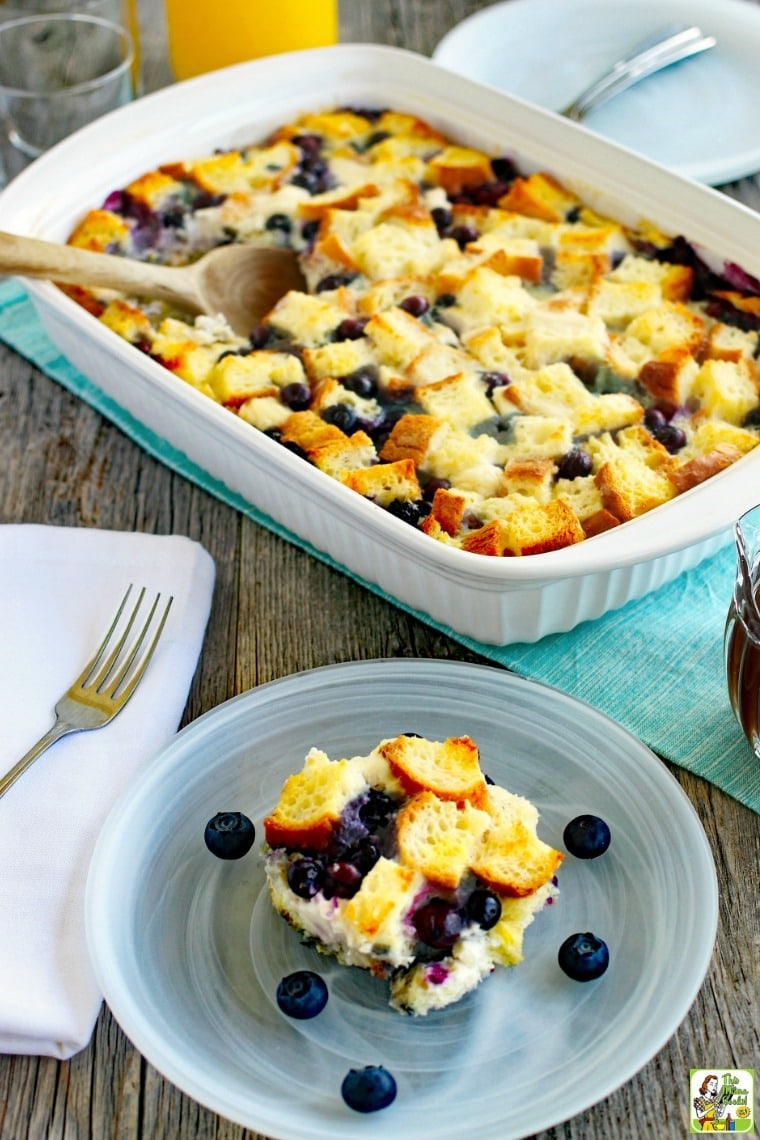 French Toast Casserole in a white plate and a large platter of French Toast bake casserole in the background.