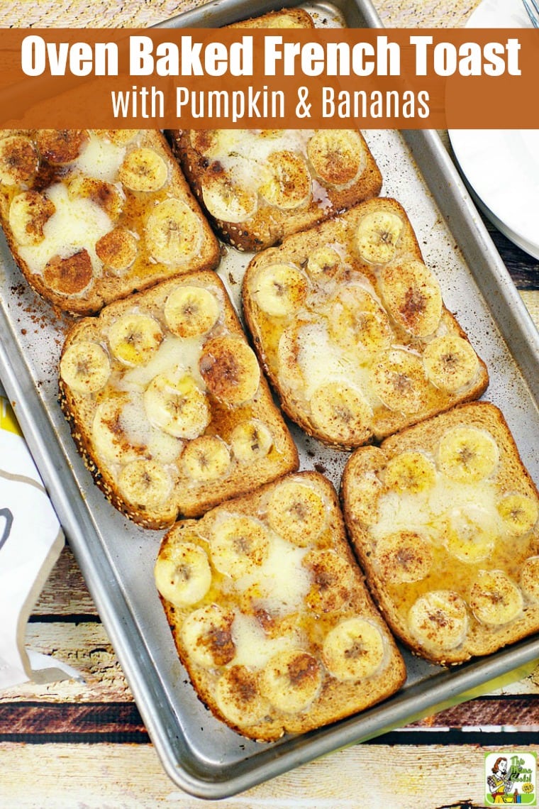 Baked French Toast with slices of bananas, syrup, and melted butter on a baking sheet.