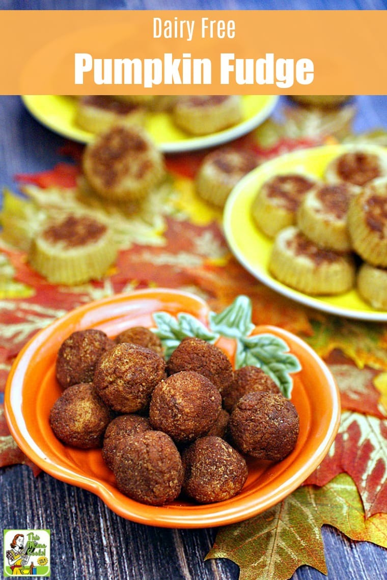 Bowls and plates of pumpkin fudge balls and fudge mini pies.