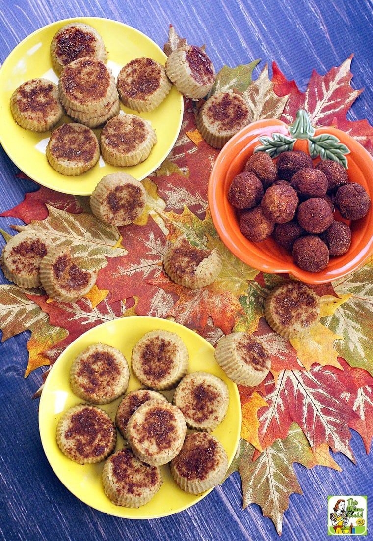 Plates, dishes and bowls of dairy free pumpkin fudge balls and vegan fudge mini pies.