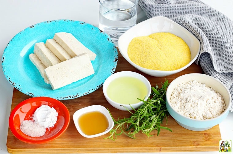 Vegan Cornbread with Rosemary recipe ingredients like tofu, cornmeal, oil, salt, and rosemary.