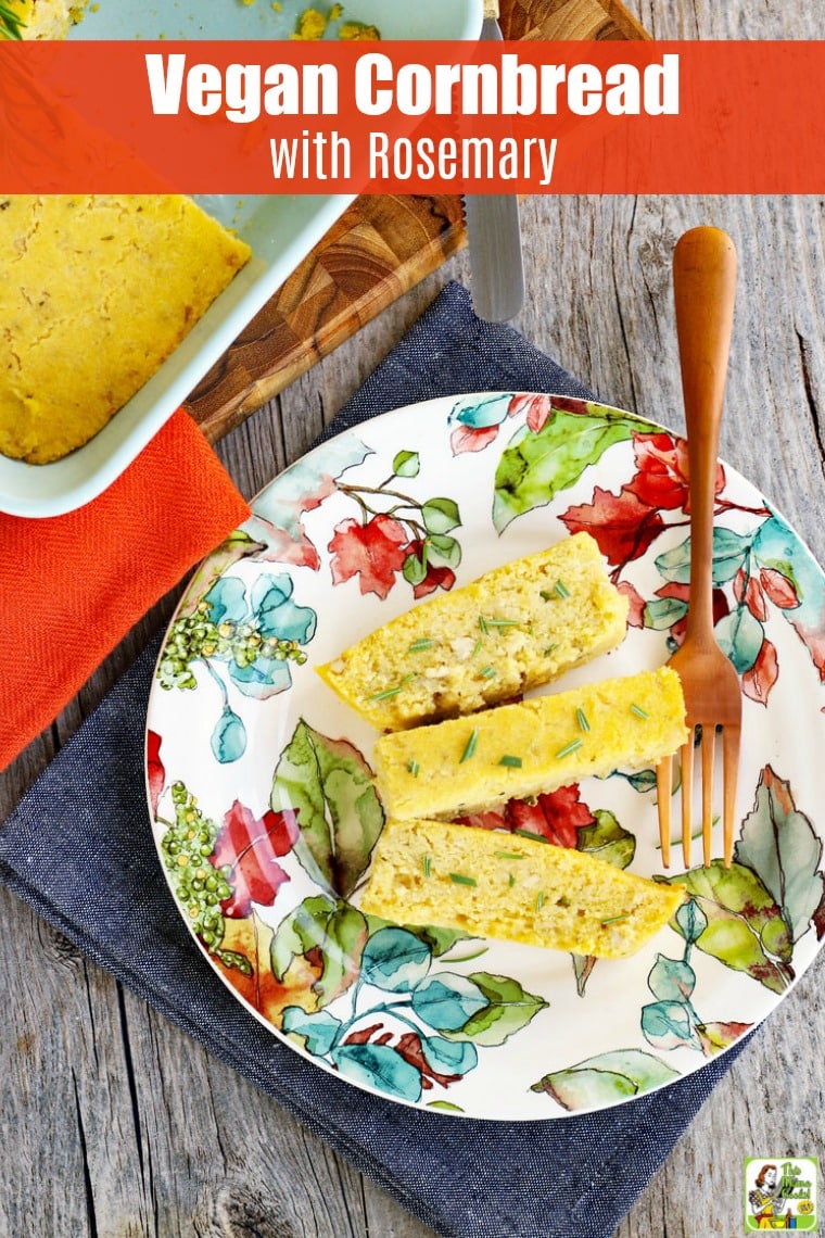 A baking dish of vegan cornbread and a slice of cornbread on a colorful plate with a copper fork.