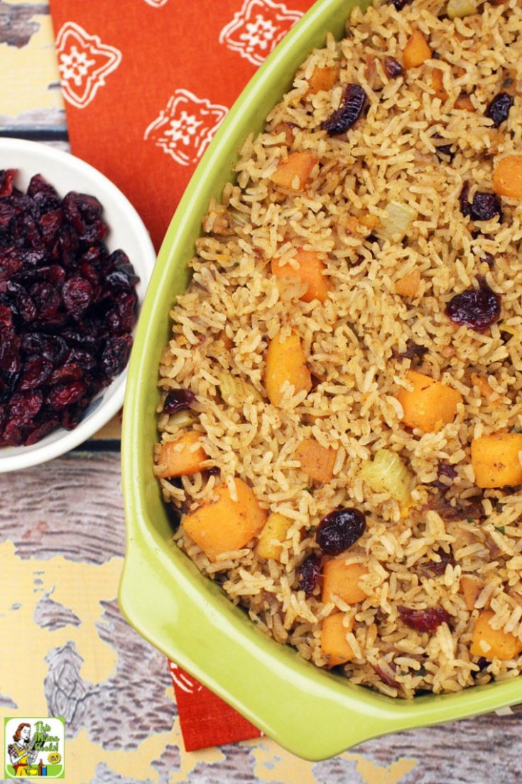 Green casserole dish of Thanksgiving vegan rice stuffing